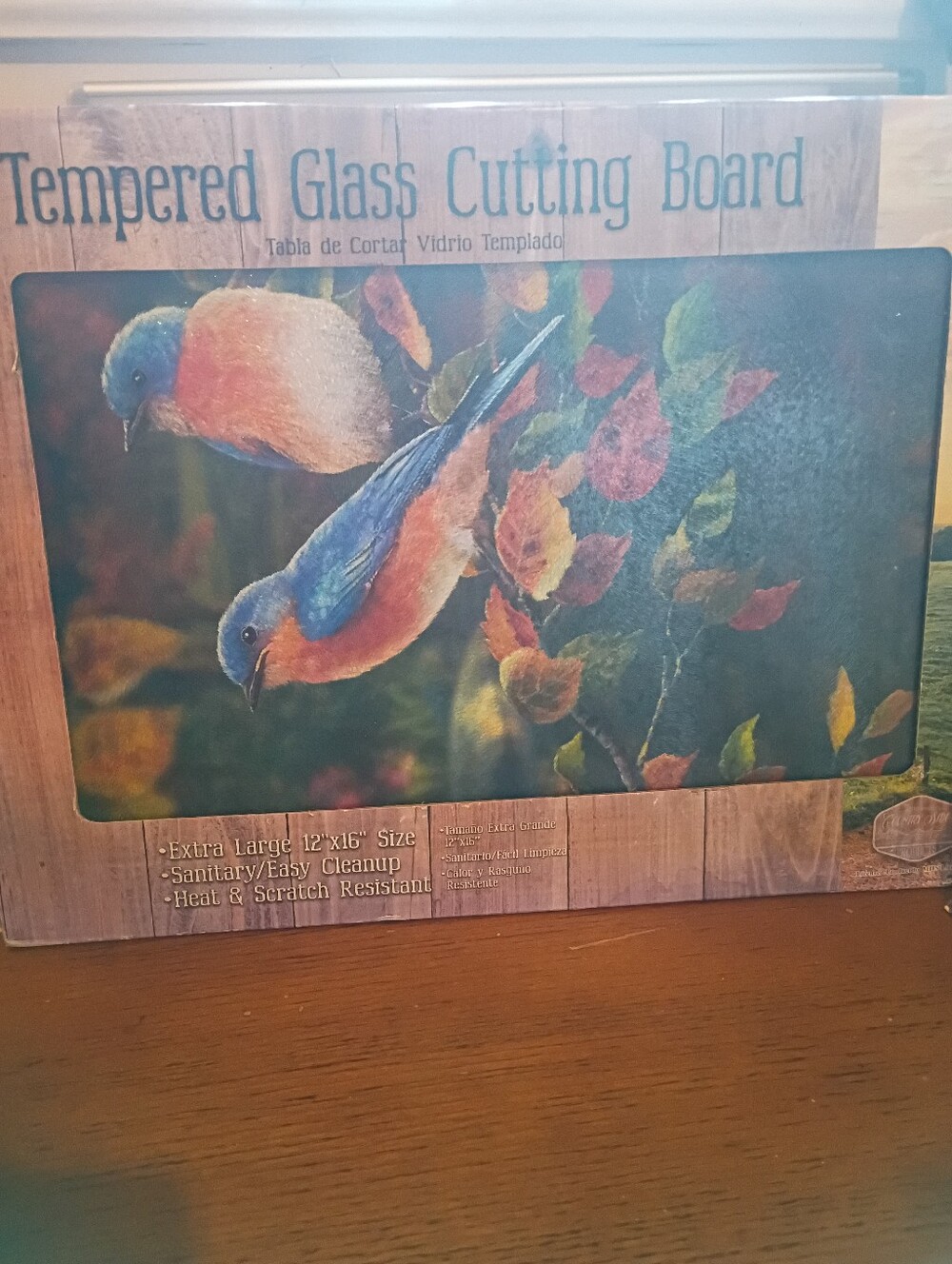 Tempered Glass Cutting Board with Blue & Orange Bird Design